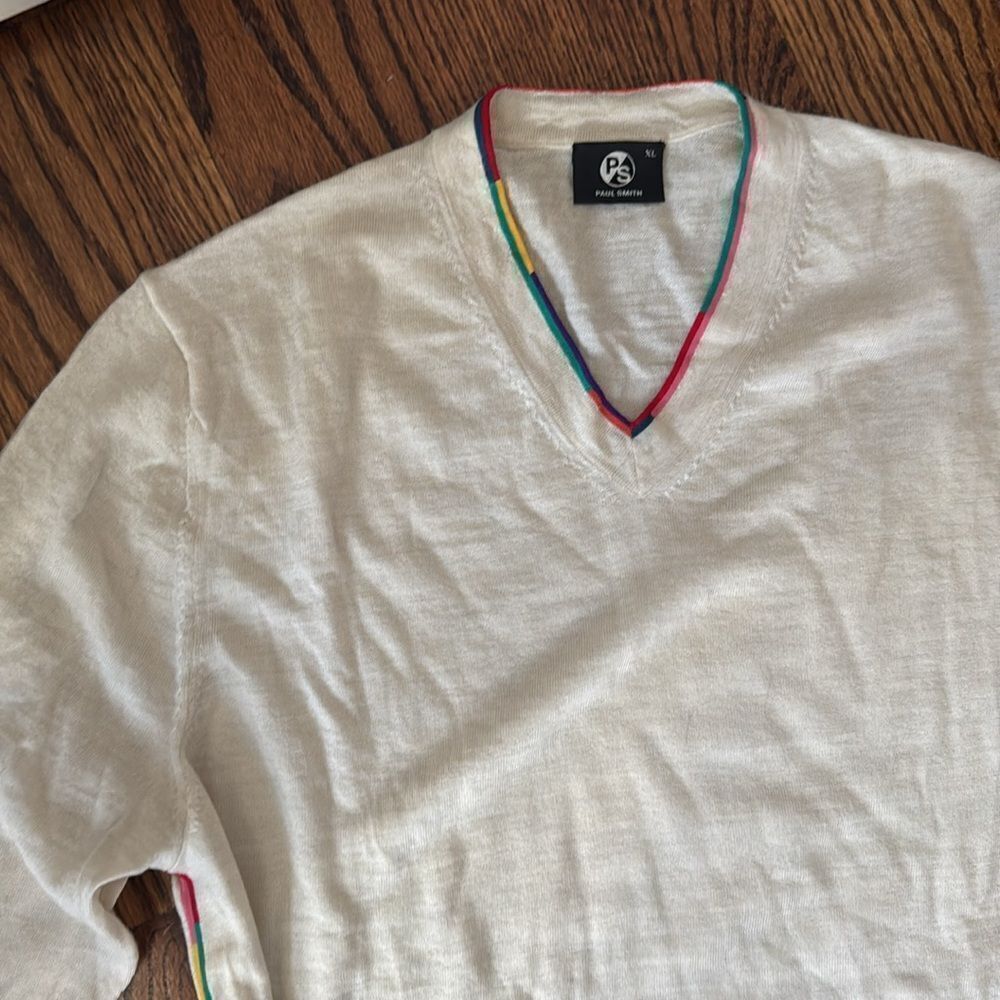 Paul Smith Wool V-neck Lightweight Sweater with Colorful Stripes Size XL